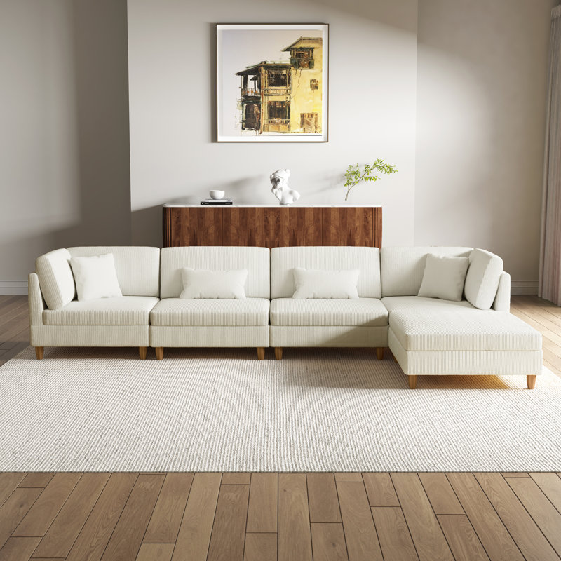 5 - Piece Upholstered Beige Corduroy Modular Sectional with Pillow Back and Removable Ottoman, Beige Corduroy