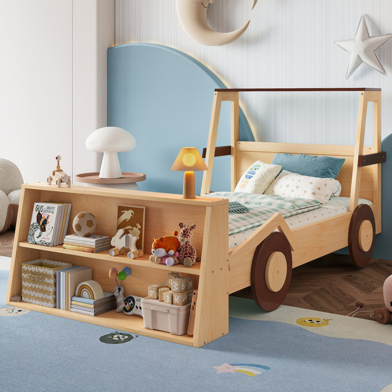 Car-Shaped Platform Bed with Storage Shelves & Wooden Frame, Brown/Natural