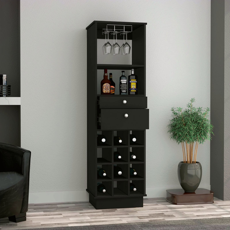 12-Bottle 2-Drawer 1-Shelf Bar Cabinet, Black