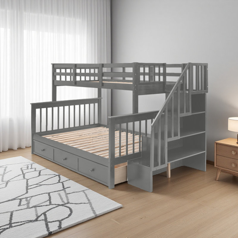 Stairway Twin-Over-Full Bunk Bed With Drawer, Storage And Guard Rail For Bedroom, Dorm, For Adults, Gray