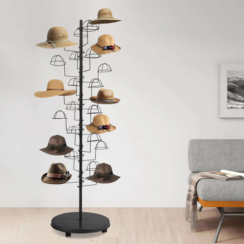 Organisateur de chapeaux vertical moderne à 25 crochets avec roulettes, manteau en acier au carbone robuste et arbre d'entrée
