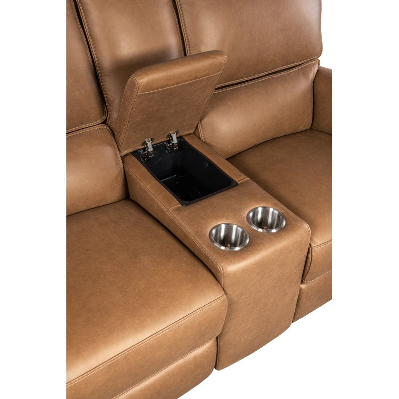 Denver Coffee Leather Reclining Loveseat with Storage and Cup Holders