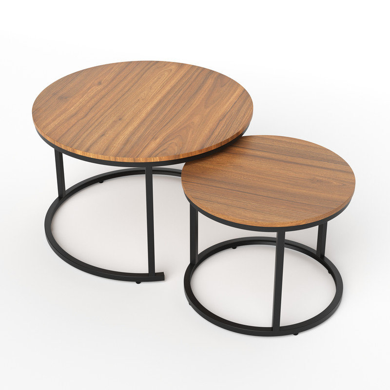 Top Nesting Coffee Tables, Round Living Room End Tables with Metal Base, Black, Black