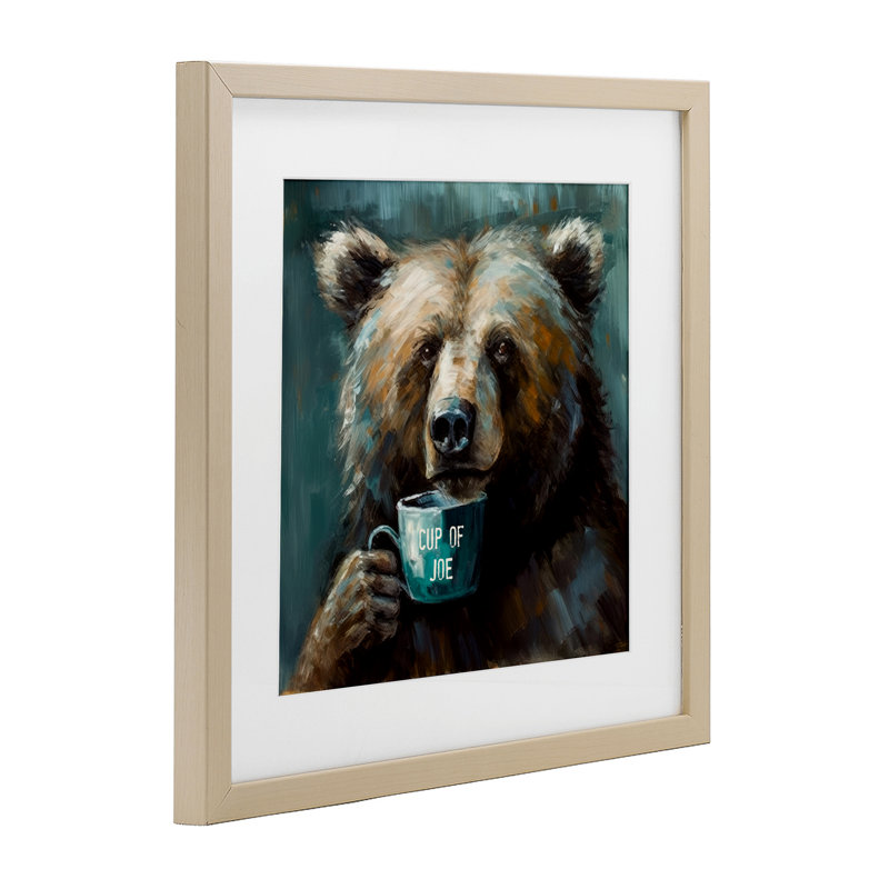 Ours avec une tasse de Joe, reproduction sous verre, conception de Tina LeCour, H 16 po x l 16 po, Cadre de récolte en pin