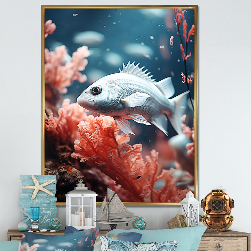 Danse de poissons monochrome bleue et grise, Cadre flottant doré, 40" H x 30" W