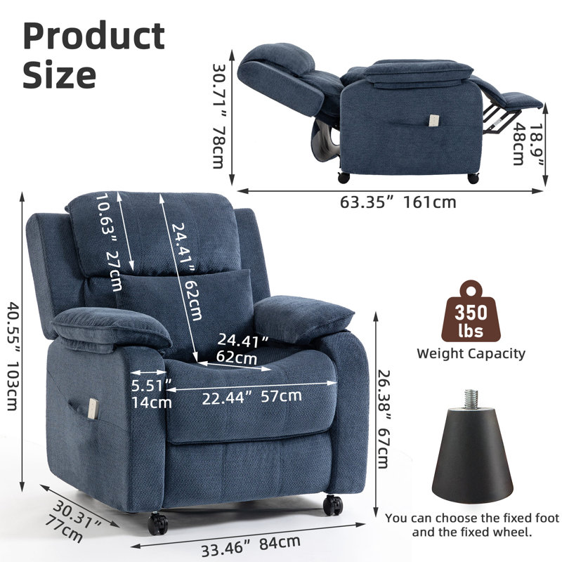 Chenille Power Recliner Chair With Wheels, Adjustable 90°-165° Reclining Sofa With Side Pocket, For Living Room Bedroom