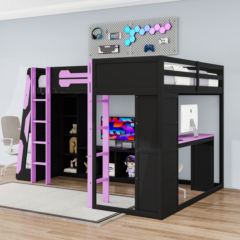 Lit mezzanine simple en L en bois avec lumières DEL RVB, ports USB et tablettes de rangement, Noir / mauve