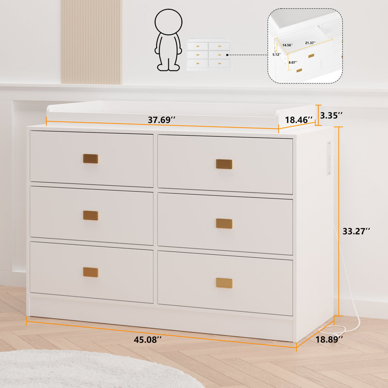 Commode 6 tiroirs avec plateau à langer, tablette souple et prises de courant à 6 tiroirs