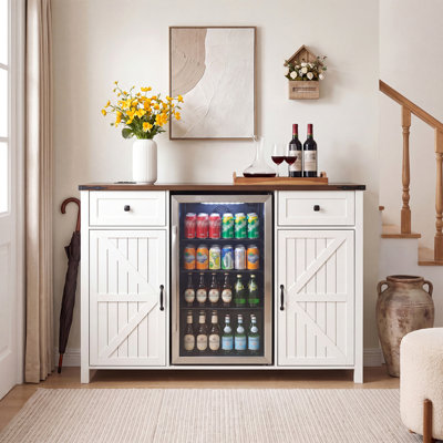 Farmhouse Coffee Bar with Mini Fridge Space & Built-in Charging Station,Large Bar Cabinet with Drawers & Adjustable Shelves for Kitchen, Dining Room, or Living Room, White