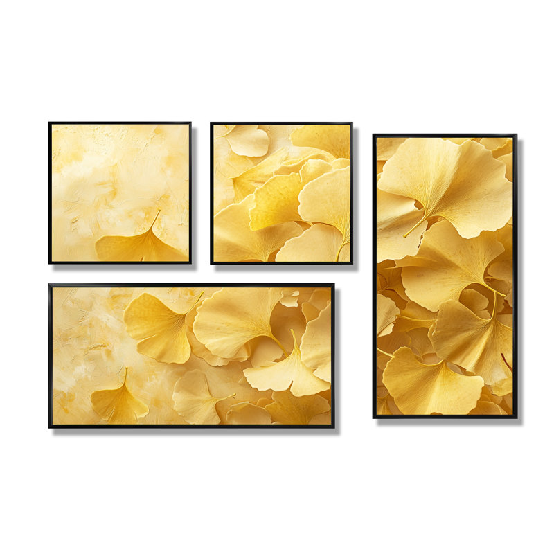 «Golden Ginkgo Leaves Harmony III», art mural floral grand, 4 pièces, Impression encadrée sans passe-partout, Noir
