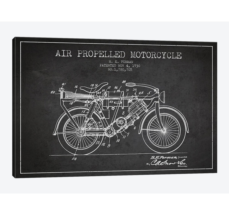 R.E. Croquis de brevet de motocyclette Forman, H 40 po x l 60 po x P 1,5 po, Toile tendue, Pas de tapis