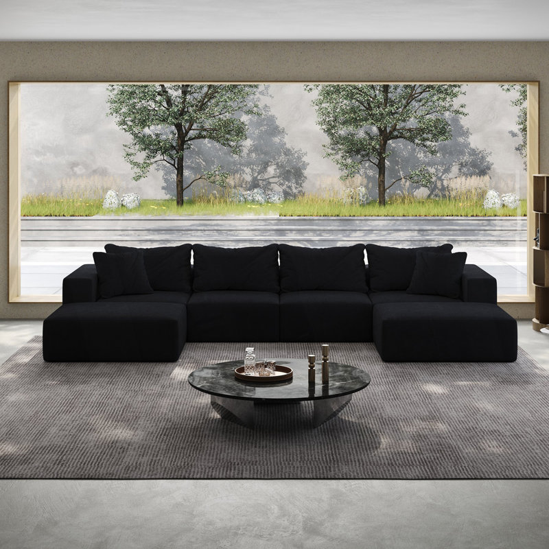 Oversized Cloud Sofa, Modern Upholstered Boneless Sectional Sofa Couch Set, Modular L Shaped Sofa With 6 Pillows, Living Room Sofa