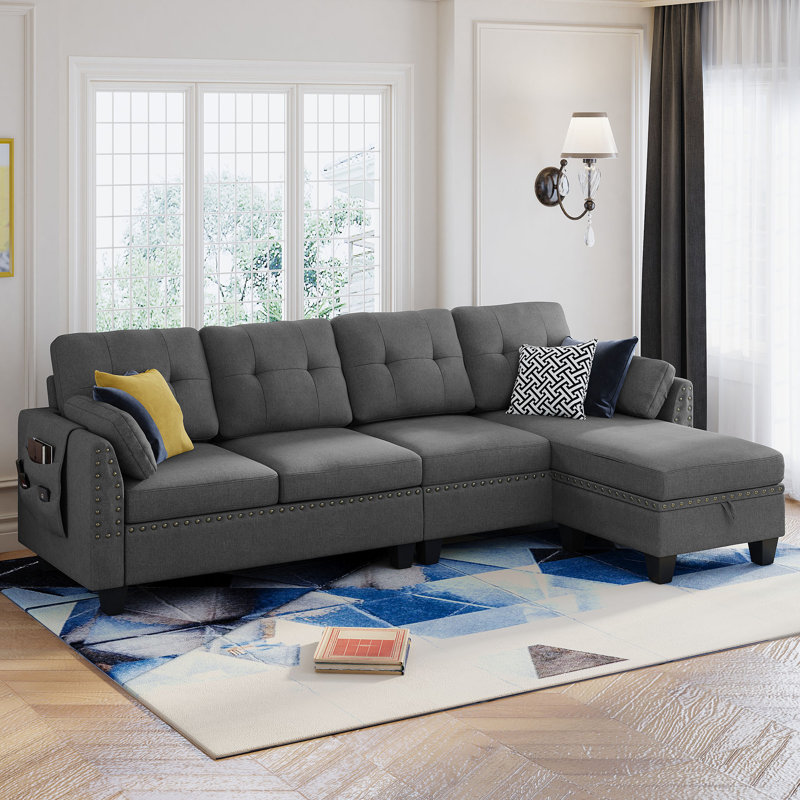 Canapé et chaise longue réversible en microfibre avec repose-pieds Campbelltown, Gris