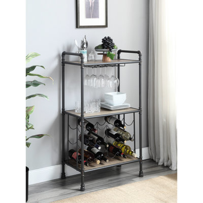 Wine Rack With Antique Oak & Sandy Gray Finish, 3 Versatile Design, Holds 18 Bottles, Cup Holder, Suits Various Home Settings In Gray, Metal And Wood Mix, Improves Quality