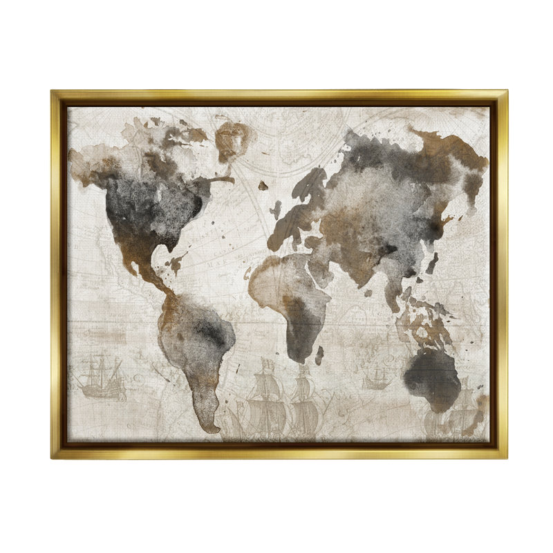 Carte du monde rétro vintage par Conrad Knutsen, impression, H 25 po x l 31 po x P 1,7 po, Cadre flottant métallique doré