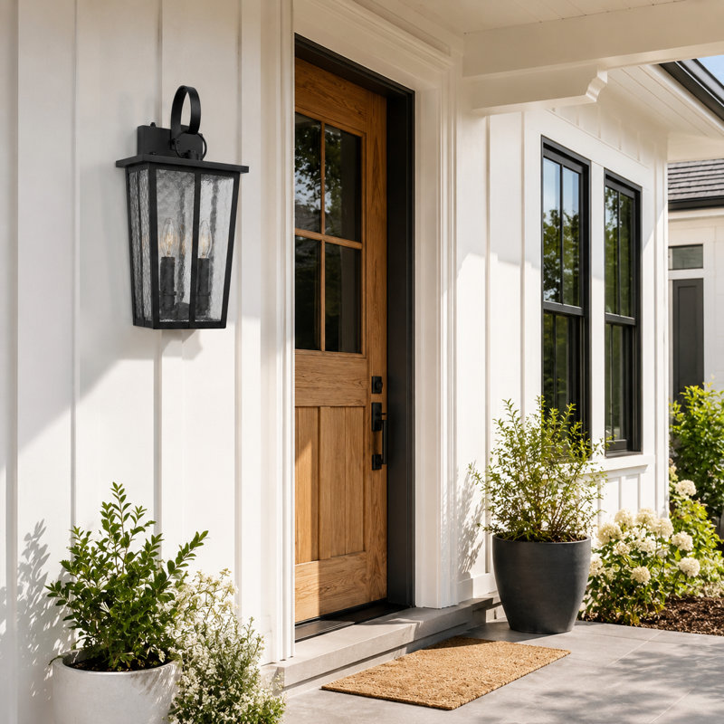 Lanterne murale d'extérieur 18,5 po à 2 lumières noires avec verre ondulé, applique d'extérieur de style campagne moderne