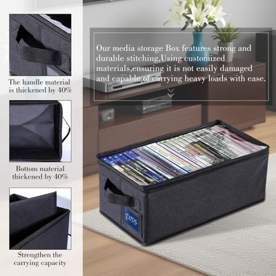 Boîte de rangement pour DVD avec fenêtre transparente - Organisateur de média pliable de 15,75 po, fermeture à glissière de qualité supérieure, peut contenir plus de 27 DVD, tissu non tissé anti-poussière, poignées renforcées et fente pour étiquette (2)