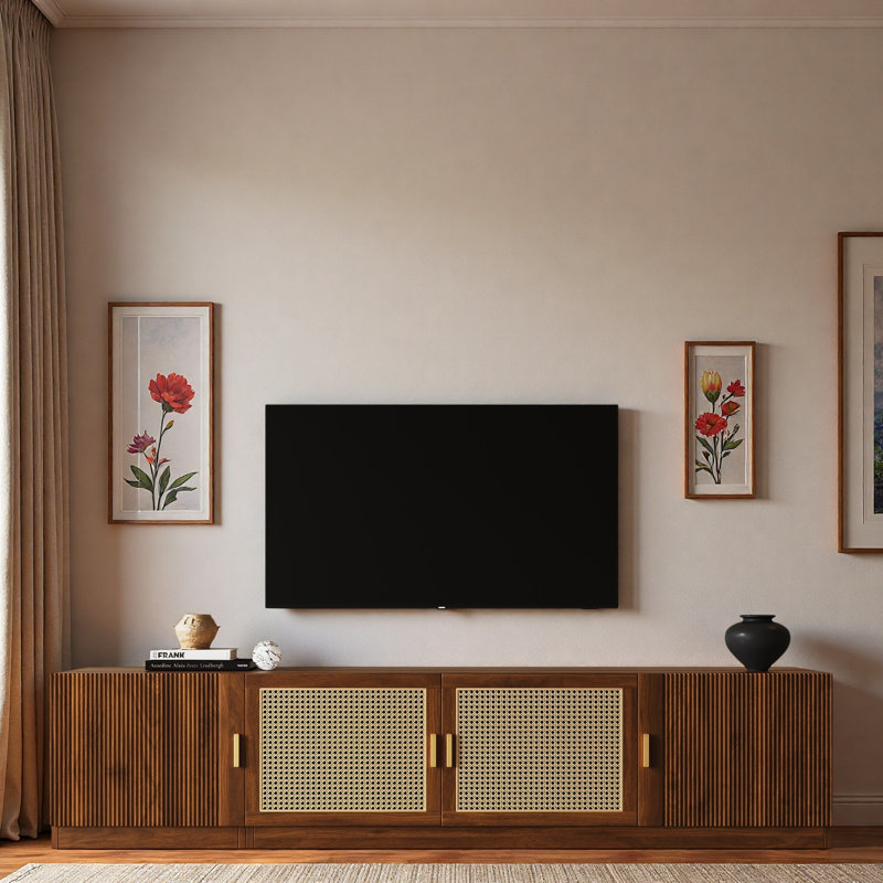 Meuble télé rétro avec portes en rotin et tablettes réglables