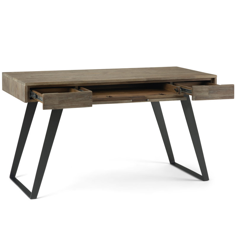 Bureau d'écriture moderne en bois d'acacia massif et en métal avec 2 tiroirs et plateau à clavier rabattable Lowry