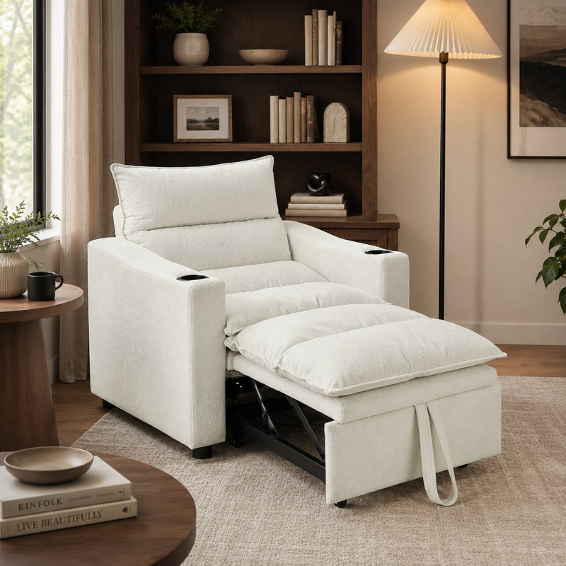 Fauteuil-lit convertible à 3 positions avec dossier réglable, porte-gobelets et coussin rembourré, Beige
