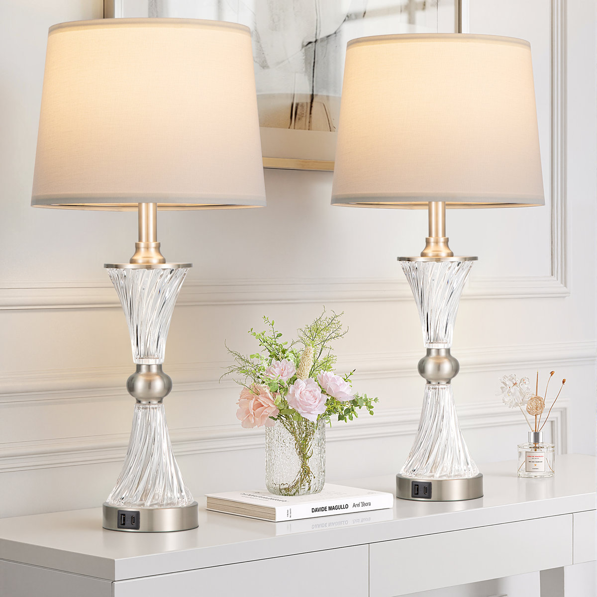 Mercer41 25.2'' Set Of 2 Glass Table Lamp With Charging Ports, Bulbs ...