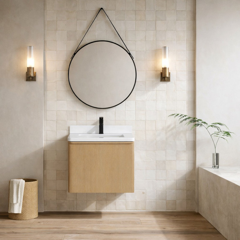Meuble-lavabo flottant simple 24 po avec plateau en quartz Bueche
