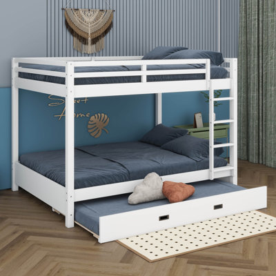 Modern Queen Over Queen Bunk Bed With Trundle, Solid Wood Bunk Bed Frame With Ladder And Guardrail For Kids Teens Adult