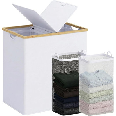 Panier à linge double blanc de 140 L avec couvercle