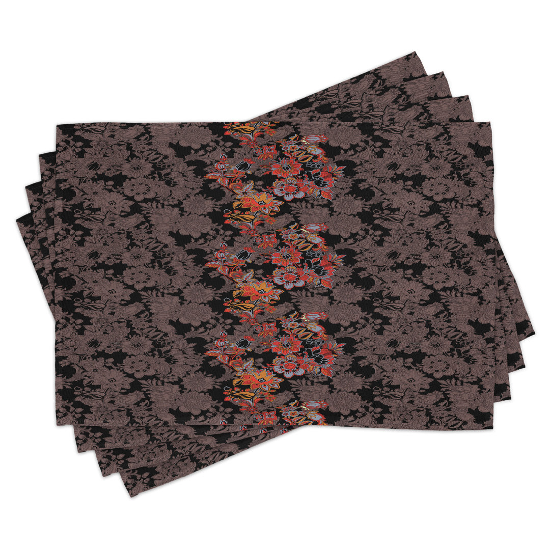 Platzdeckchen 4er-Set, Japanische Blumenmuster, Schwarz-Orange-Senf