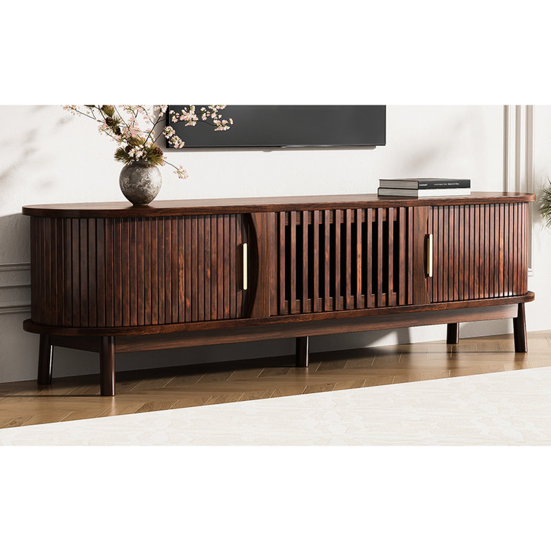 Meuble télé moderne de 75 po, pieds en bois de pin, surface imperméable et plateau de rangement lisse bien conçu, compartiments organisés, style polyvalent