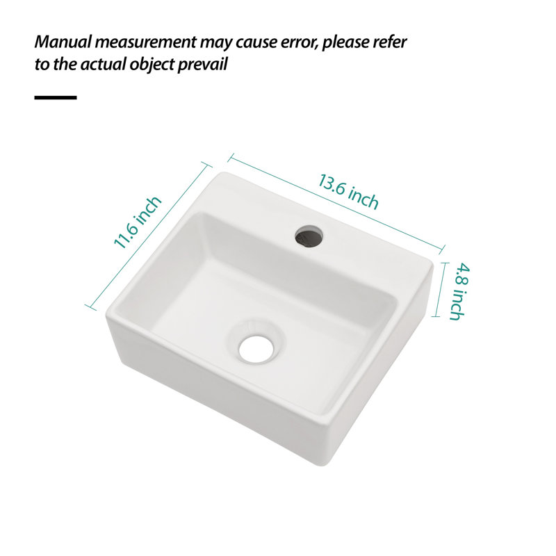 Lavabo de salle de bain mural rectangulaire en céramique blanche avec trou de robinet 13,6 "x 11,6"