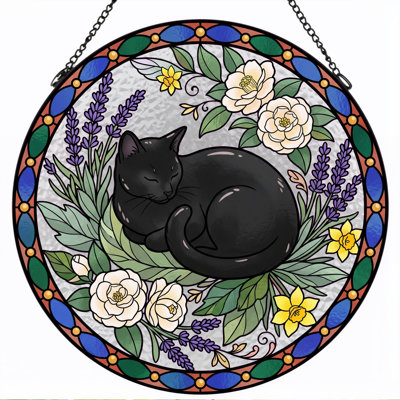 Sleeping Cat Stained Glass Window Panel，12"H