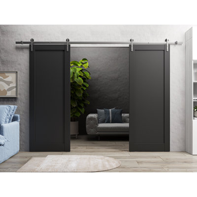 Porte de grange double robuste | Quadro 4111 noir mat | Ensemble de 13 cintres lourds pour rail | Portes intérieures solides