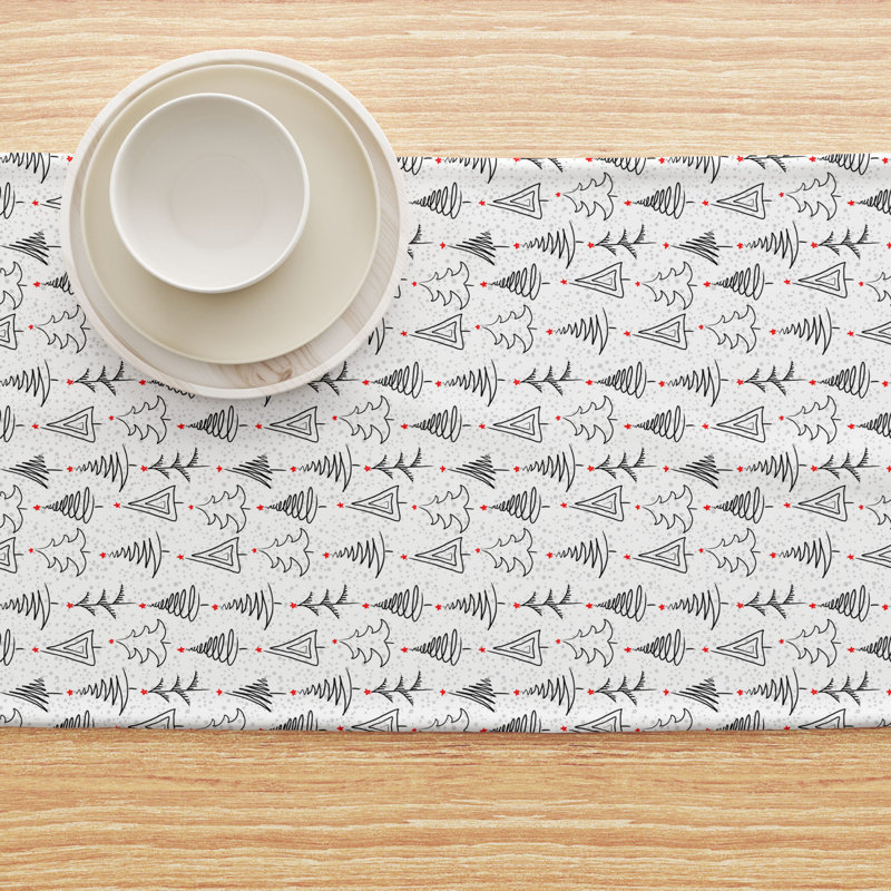 Elvo  Table Runner, 100% Cotton, Christmas Tree Doodles, 90" x 16"