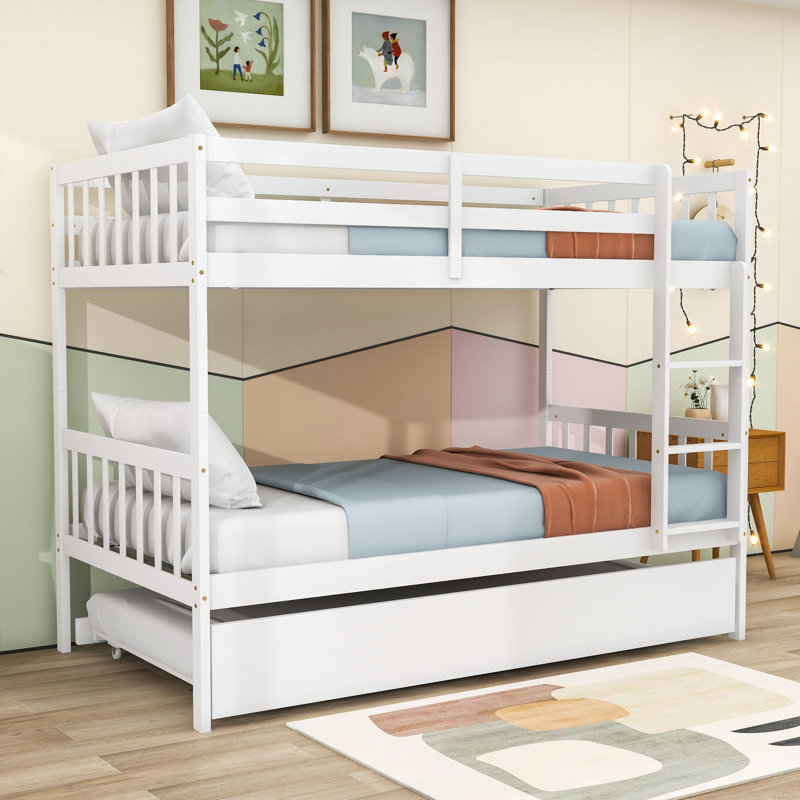 Lit superposé simple en bois convertible Hulbard avec lit gigogne simple et garde-corps, Blanc