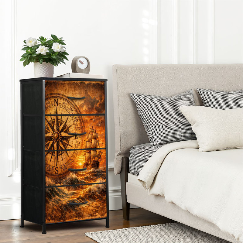 Commode 4 tiroirs pour chambre à coucher, commode étroite, plateau en bois et structure en fer 18 "x 37,5" - (lxH) - avec impression de coucher de soleil nautique spectaculaire