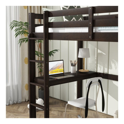 Twin High Loft Bed, Rubber Wood Loft Bed With Safety Guardrail, Built-In Desk, Ladder,Espresso