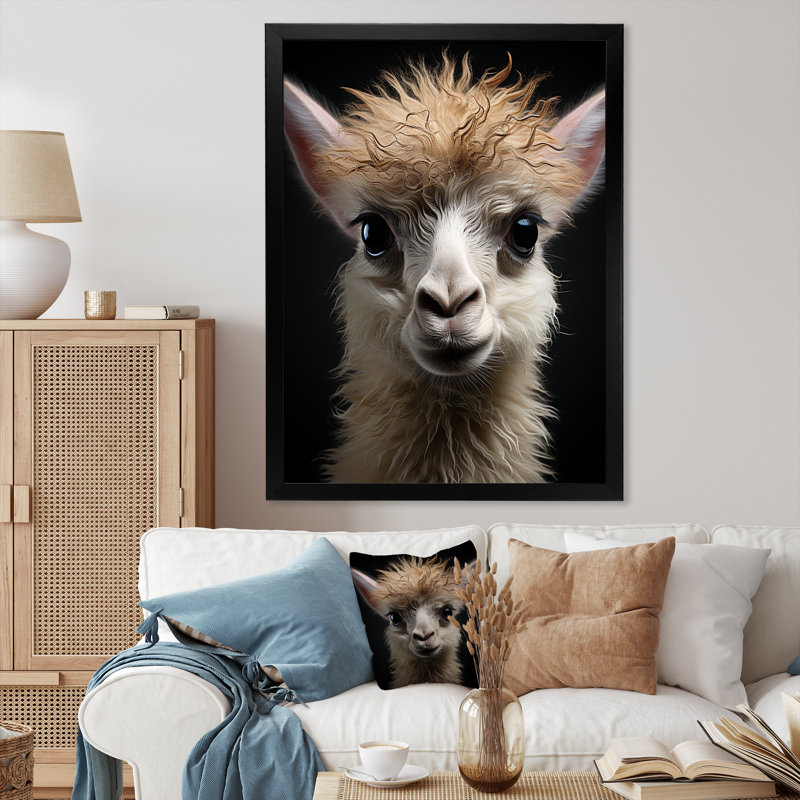 «Beige Back Funny Llama Portrait Vibrant» sur toile, Cadre photo noir, H 20 po x l 12 po x P 1 po