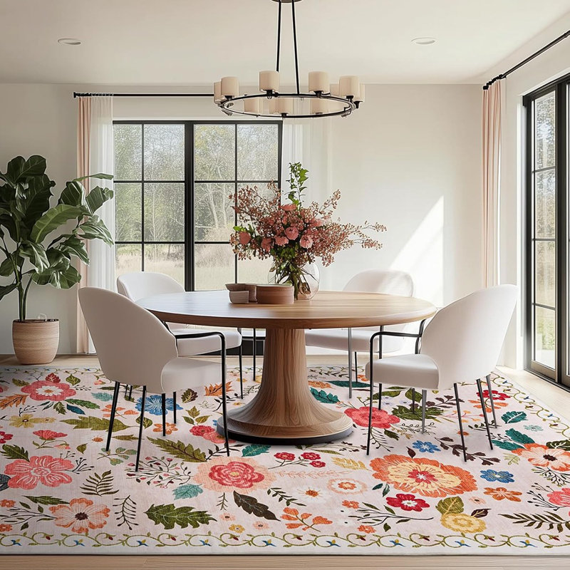Rug For Living Room, 5X7 Area Rug Floral Vintage Rug For Bedroom Non-Slip Non Shedding Indoor Floor Carpet, Low Pile Foldable Stain Resistant Carpet For Dining Room, Office, Home Decor, Beige