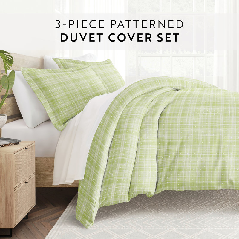 Moss Green and White Plaid Queen Duvet Cover Set