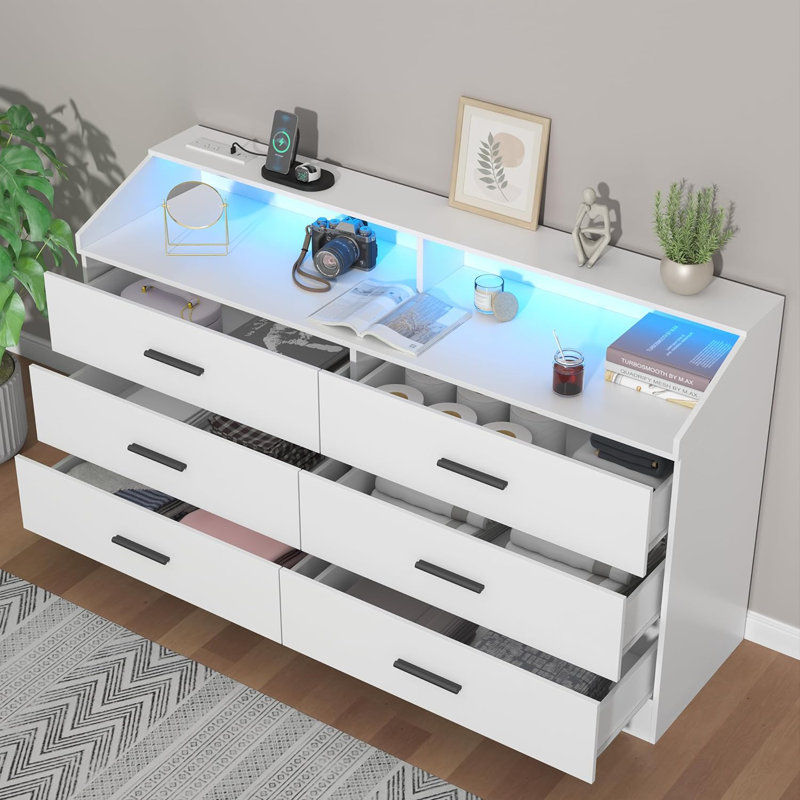 Vikky 6 Drawers Dresser with Power Outlet, Chest of Drawers with LED Light, Modern Dresser Organizer, White