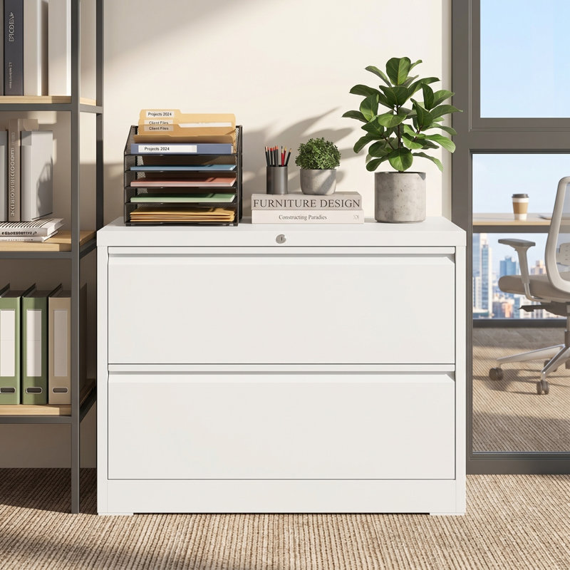 Classeur 35 po à 2 tiroirs, classeurs en métal pour rangement de bureau personnel avec finition blanche