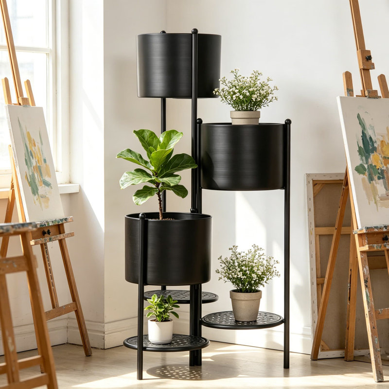 Support à plantes à 6 niveaux avec pots et tablettes intégrés, support à fleurs autoportant en métal pour le rangement décoratif intérieur et extérieur