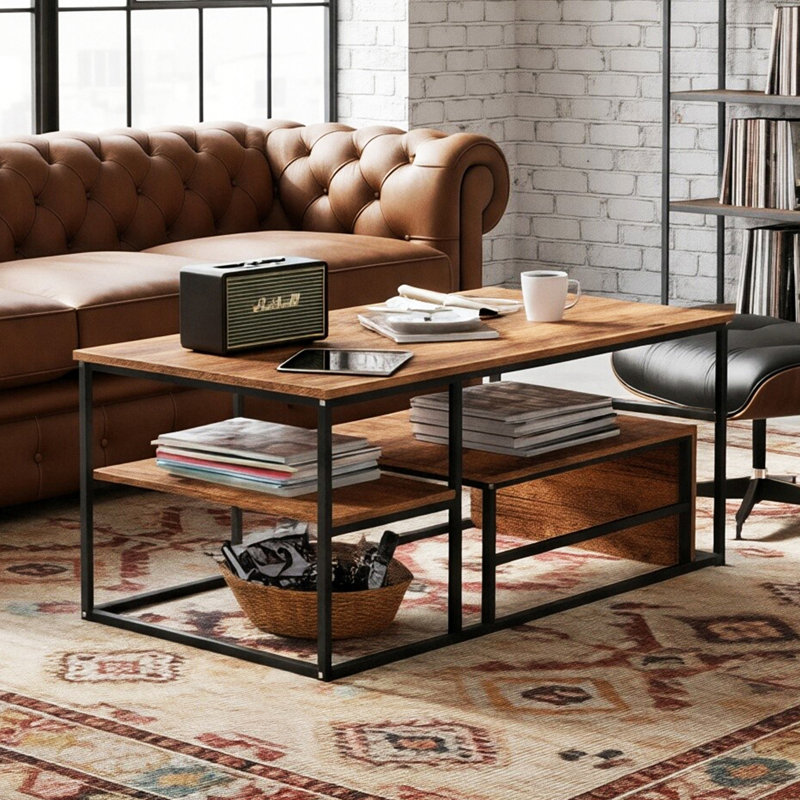 105Cm Modular Coffee Table Set (Set Of 2), Nesting C-Table With Multi-Level Shelves, Wood Grain, Black
