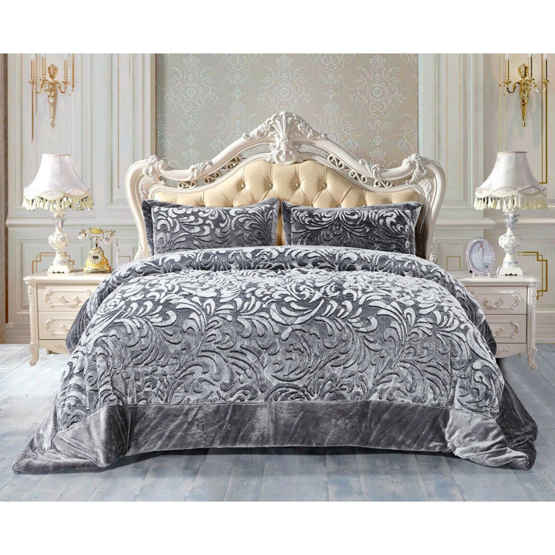 Whitt Polyester Bedspread with Pillow Shams, 255 x 275cm Bedspread + 2 Pillow Shams, Grey