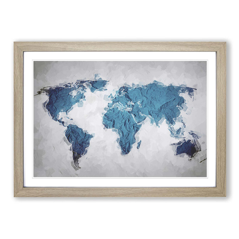 Teal Blue Map of the World in Abstract - Picture Frame Graphic Art Print on MDF, Oak Framed, 36cm H x 48cm W x 2cm D