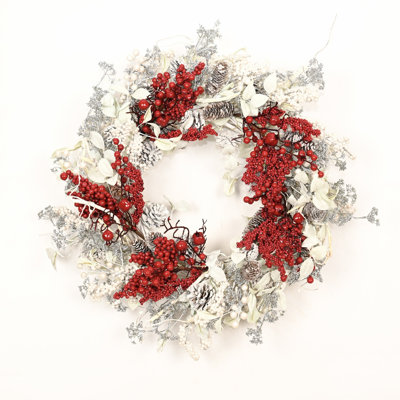 Couronne de porte 26 po avec pommes de pin artificielles rouges et baies blanches givrées le jour de Noël
