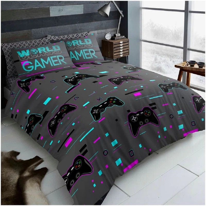 Gaming Pattern Duvet Cover Set with Pillowcases - Polycotton Fabric Bedding - Single Double King Soft Easy Care Washable
