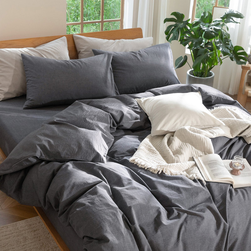 Ensemble de housse de couette 100% coton délavé MooMee, Housse de couette double + 2 taies d'oreiller stan, Gris foncé