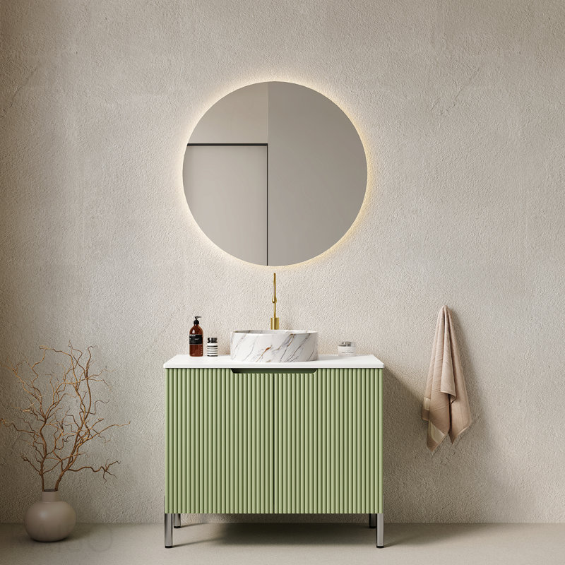 Meuble-lavabo de salle de bain 30 po avec lavabo, meuble de rangement autoportant avec 2 portes, lavabo rond en céramique blanche avec motif de pierre et comptoir blanc de Carrare, sans robinet, couleur vert clair